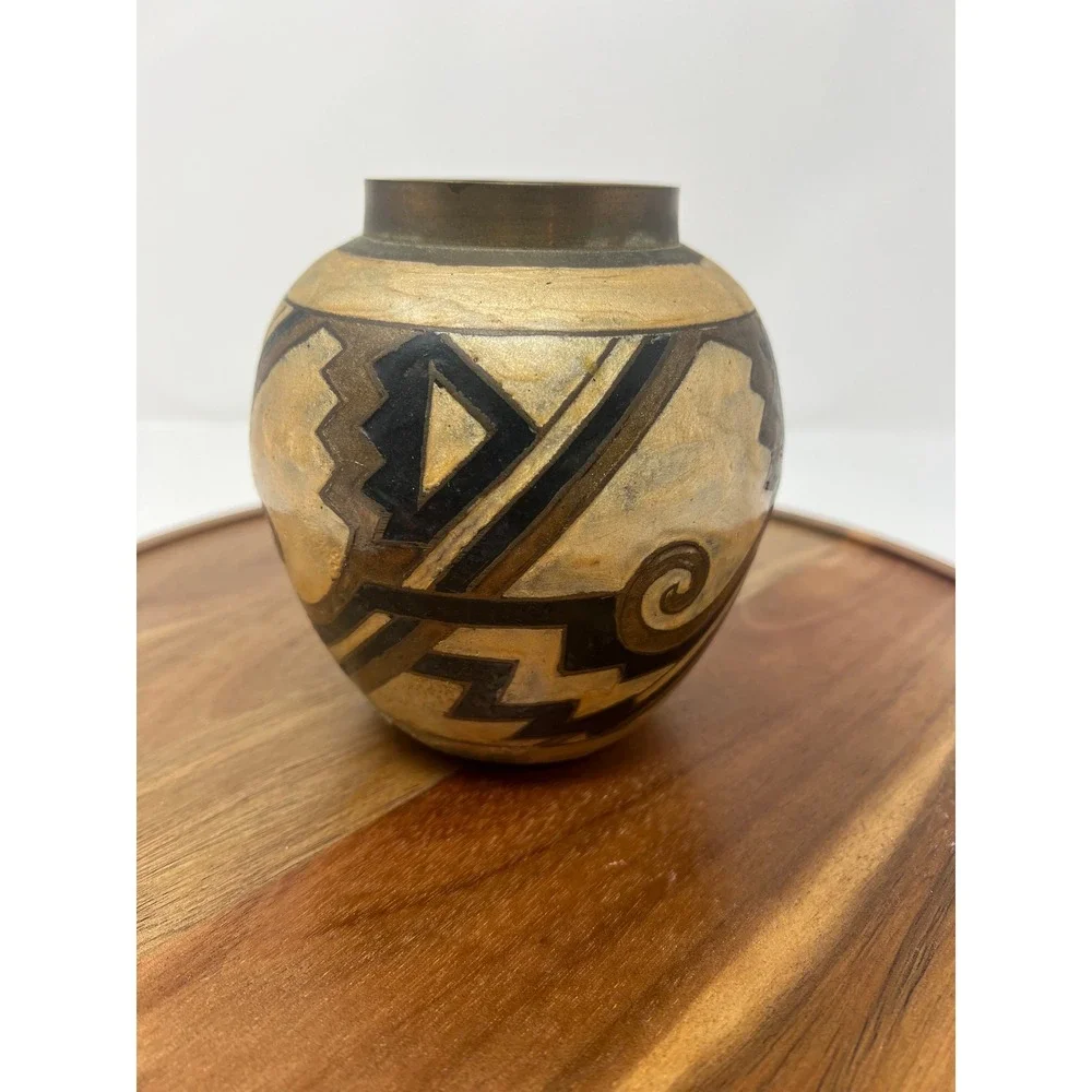 Vintage Decorative Vase Southwestern Geometric Design Brass